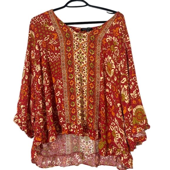 Rachel Zoe Pink Orange Blouse Womens Sz 3X Leaf Print Ruffle Sleeve Boho - Picture 1 of 8